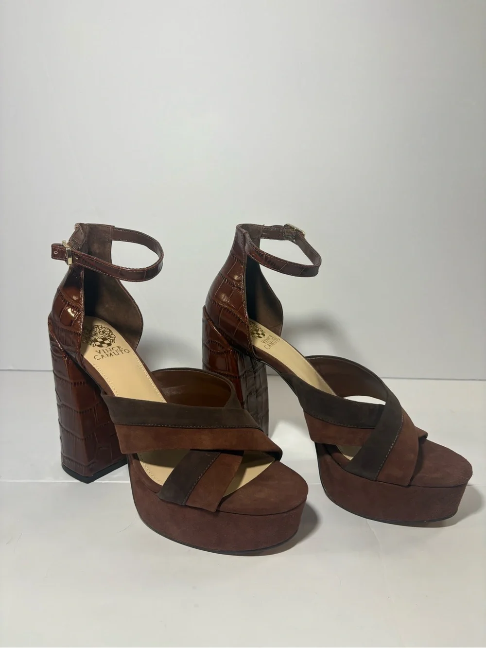 Vince Camuto Brown Suede & Croc-Embossed Platform Sandals Size 10
